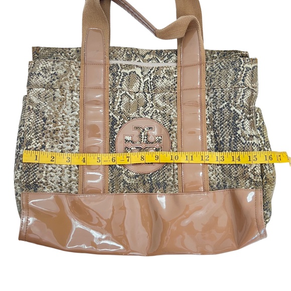 Tory Burch Elegant Snake print Tan Brown Patent Leather Canvas Shoulder Bag - Picture 12 of 14